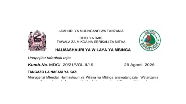 Mbinga District Council Announce 17 Job Vacancies